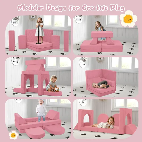 Vista 6 de MeMoreCool Juego de Sofá Modular Infantil de 10 Piezas — Juego de Sofá de Espuma Convertible de Corduroy para Construir Fortalezas, Relajarse