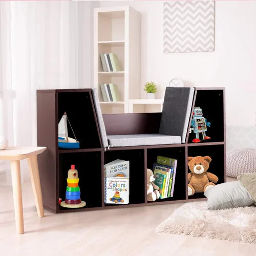 Vista 8 de Costzon Estantería infantil con rincón de lectura, estantería de 6 cubos con cojín de asiento suave, organizador de almacenamiento de juguetes