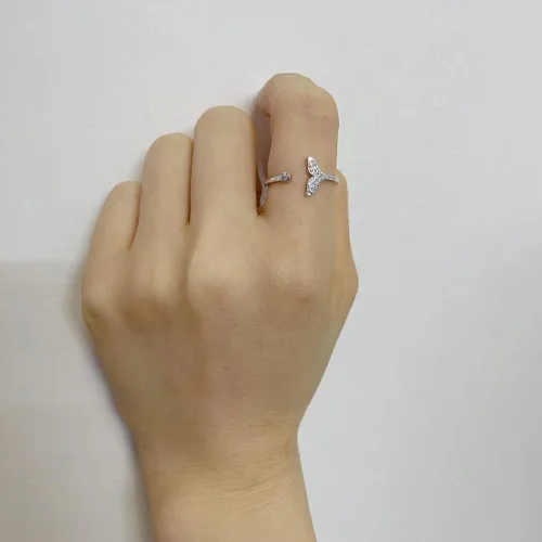Vista 3 de Anillo de plata de ley 925 con forma de cola de sirena con circonita cúbica, anillo de compromiso de plata de ley 925, ajustable, con diamantes