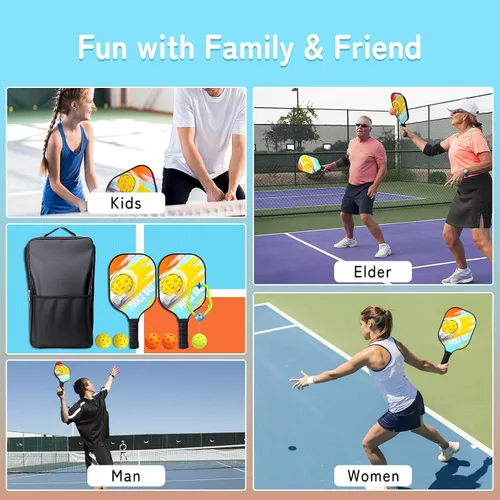 Vista 6 de Juego de 2 palas de pickleball con bolsa y entrenador para principiantes, raquetas ligeras de fibra de vidrio, núcleo de panal, equipo de cardio