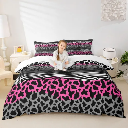 Vista 18 de Juego de funda de edredón con estampado de leopardo, tamaño individual, juego de ropa de cama rústica con rayas de piel de cebra, decoración