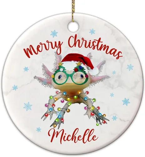 Vista 7 de Hyturtle Adorno de Navidad personalizado para los amantes de los ajolotes – Adorno de cerámica con nombre personalizado de Feliz Navidad – Lindo
