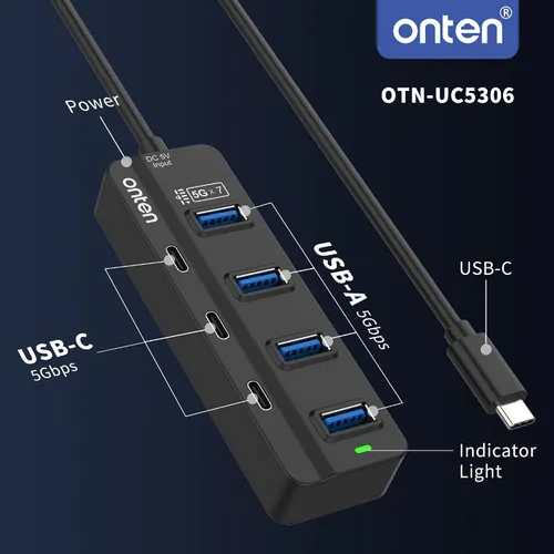 Vista 4 de Onten Concentrador USB C, 7 puertos USB tipo C HUB de 3.2 pies, 4 puertos USB3.0, 3 puertos USB-C para Thunderbolt 3/4 MacBook Surface Pro y más