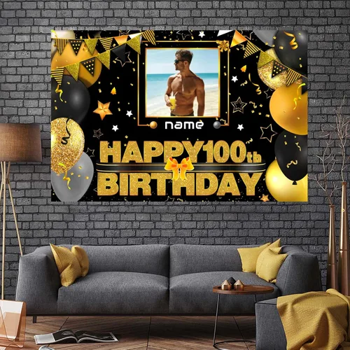 Vista 7 de Cartel decorativo personalizado de feliz cumpleaños número 100 - Personalización disponible - Negro y dorado - Tamaño grande - Admite fotos