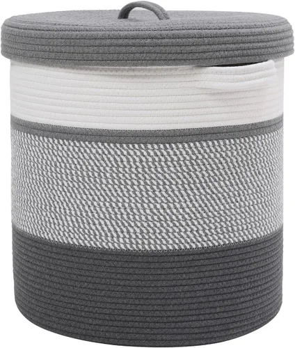Vista 34 de Cesta de almacenamiento extra grande de 16" x 16" x 18" con tapa, cestas de almacenamiento de cuerda de algodón, canasta de lavandería, contenedor