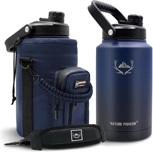 Vista 20 de NATURE PIONEOR Botella de agua aislada de 84 onzas, jarra de agua de acero inoxidable con doble vacío con soporte/portador, boca ancha, deportes al