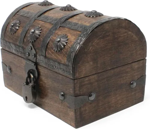 Vista 5 de Nautical Cove - Cofre del tesoro pirata hecho a mano para niños, premios y aula con cerradura y llaves de esqueleto – Caja de almacenamiento