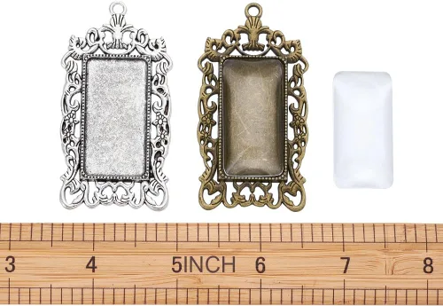 Vista 4 de KISSITTY 10 piezas de bandeja colgante rectangular de bronce plateado antiguo en blanco con 10 piezas de azulejos de cúpula de vidrio transparente