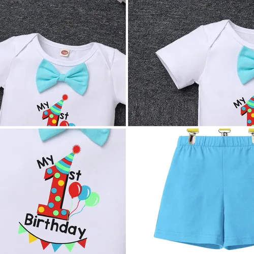 Vista 6 de Conjunto de traje de banderín para el primer cumpleaños de bebé niño, pajarita, pantalones cortos, tirantes en la espalda en Y, sesiones de fotos