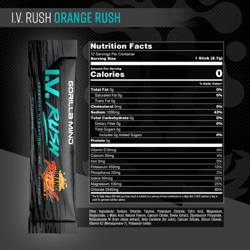 Vista 2 de Gorilla Mind I.V. Rush™ Mezcla de bebidas con electrolitos - 3,760 mg de electrolitos, sin azúcar, sin edulcorantes artificiales Polvo