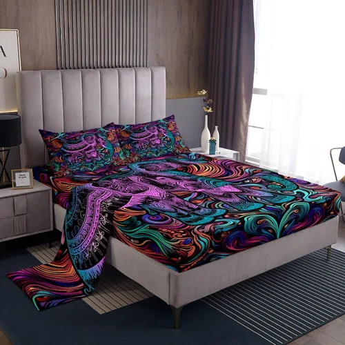 Vista 21 de Erosebridal Juego de sábanas tamaño individual con estampado de luna, diseño de flores de loto, color morado degradado, juego de sábanas orientales