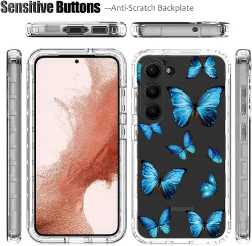 Vista 5 de Funda para Galaxy S23, Samsung S23 con protector de pantalla de vidrio templado, patrón de mariposa transparente de cuerpo completo, funda
