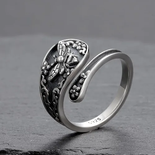 Vista 2 de 925-Sterling-Silver Adjustable Spoon Ring for Women - Vintage Bee Rings Animal Jewelry Birthday Christmas Gifts for Daughter Wife