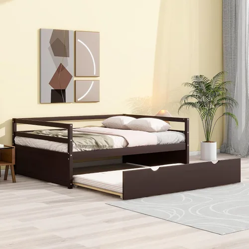 Vista 8 de Merax Sofá cama tamaño individual con nido, marco de sofá cama de madera maciza, color espresso