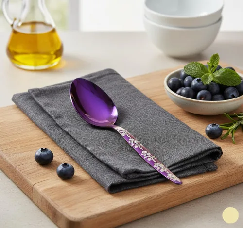 Vista 7 de Chef Kunz Cuchara morada Cuchara de cocina plateada de acero inoxidable 18/10 Cuchara de cocina plateada de 9 pulgadas para salsar, chapar