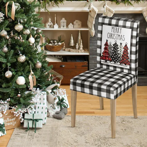 Vista 3 de Horaldaily 4 fundas para sillas de comedor de Navidad, diseño de árboles de búfalo negro, elástico, extraíble, lavable, protector de silla