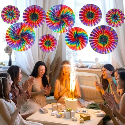Vista 4 de Outus Suministros de fiesta de teñido anudado, diseño hippie, para decoración de aula, decoración de pared de techo de los años 60, letrero de paz