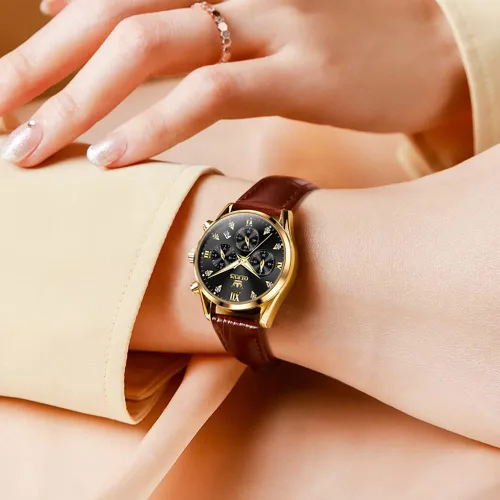 Vista 3 de OLEVS Reloj de pulsera para mujer, correa de cuero, reloj de cuarzo, cronógrafo, fecha, impermeable, luminoso, regalo para mujer