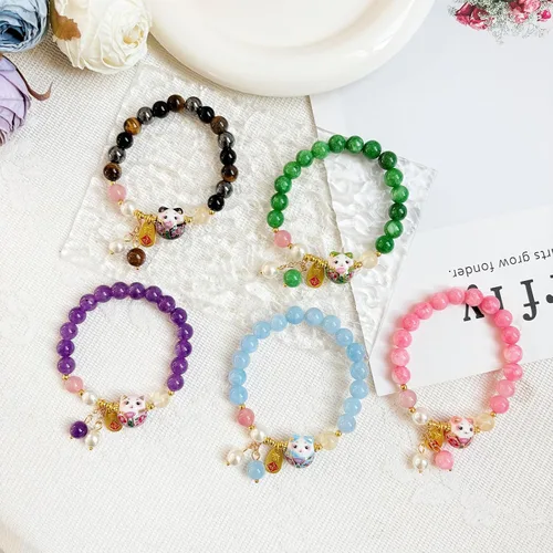 Vista 8 de Pulsera de gato de la suerte Feng Shui, joyería de buena suerte para mujer, protección de riqueza y fortuna, pulseras de cristal de piedras