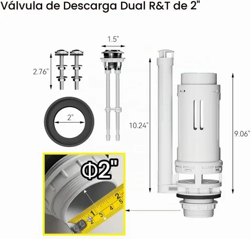 Vista 3 de R&T Kit de repuesto de válvula de descarga de inodoro de 2 pulgadas con botón pulsador, junta de tanque a tazón con pernos SUS304, kit de reparación