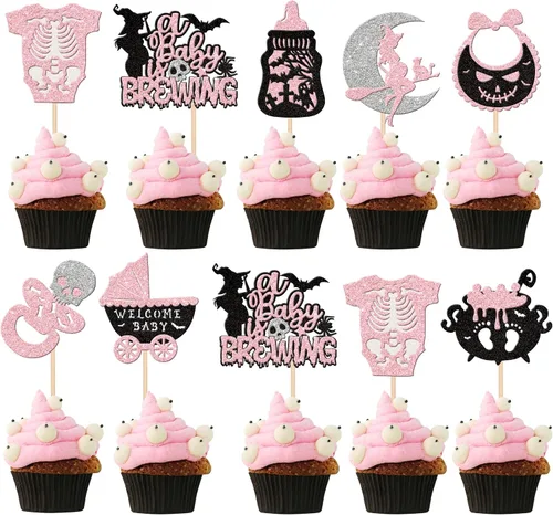Vista 11 de 30 piezas de decoración de murciélagos de Halloween para cupcakes de murciélago con purpurina negra para Halloween, decoración de pasteles de Negro