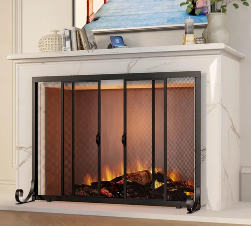 Vista 3 de Fire Beauty Pantalla para chimenea, malla de hierro forjado, protector de chispas seguro para bebés con 2 puertas grandes pantallas planas