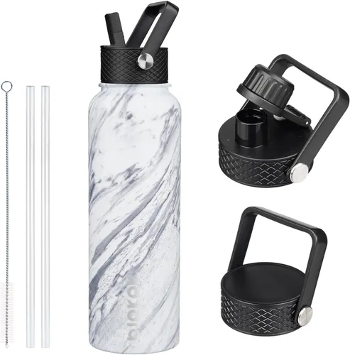 Vista 34 de BJPKPK Botellas de Agua Aisladas con Tapa de Pajita, Botella de Agua de Acero Inoxidable de 18oz, Termo Frío Caliente con 3 Tapas, Vaso de Viaje a