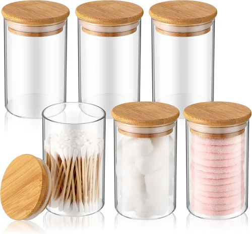 Vista 7 de Paquete de 6 tarros de boticario de vidrio con tapas, accesorios de baño de bambú, bolas de algodón, almohadillas para hisopos, frascos de baño