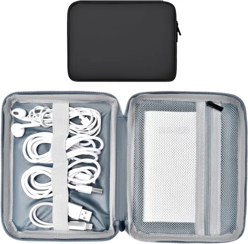 Vista 9 de Organizador de cables de cuero para viaje, impermeable, organizador de cables de viaje, portátil, organizador técnico, estuche de viaje para Verde