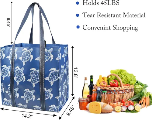 Vista 4 de Bolsas de compras plegables reutilizables BeeGreen, paquete de 3 bolsas grandes para comestibles, resistentes, con fondo rígido, para playa