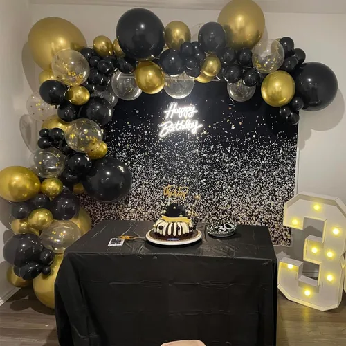 Vista 3 de Globos negros dorados, paquete de 60 globos de látex de 12 pulgadas negros metálicos cromados dorados con globo de confeti dorado para hombres