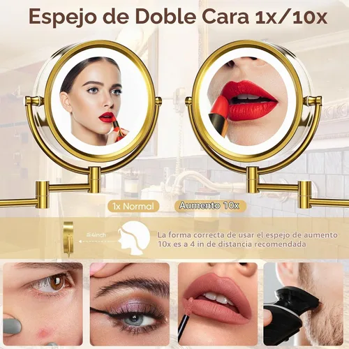 Vista 4 de GURUN - Espejo de maquillaje con aumento enchufable, montaje en pared, doble cara, dorado, 10x
