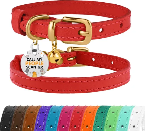 Vista 16 de BRONZEDOG Collar de cuero para gato con campanas extraíbles sin liberación rápida, etiqueta QR para gatito para niña y niño