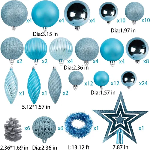 Vista 6 de Ogrmar Juego de adornos de bola de árbol de Navidad de 119 quilates, formas y tamaños surtidos, decoración colgante inastillable con paquete de Azul
