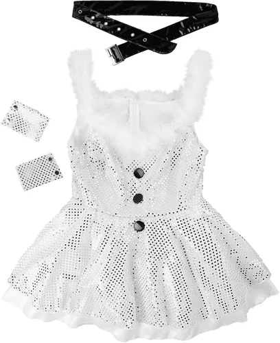 Vista 5 de Minivestido sexy de 3 piezas para mujer, con lentejuelas brillantes, hombros descubiertos, de piel sintética, acampanado, para fiestas de Navidad