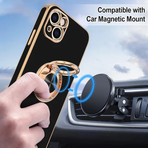 Vista 5 de Hython Funda para iPhone 13 con Soporte de Anillo [Soporte de Anillo Giratorio de 360° Base Magnética] [Borde Chapado en Oro Rosa] Cubierta Delgada
