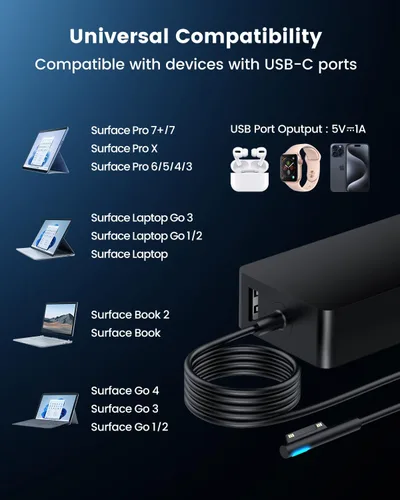 Vista 3 de Microsoft Surface - Adaptador de fuente de alimentación de 44 W, compatible con Surface Go 2, Laptop Go 3, Book 2, Pro 7, Pro X, funciona con 36 W