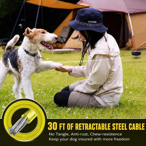Vista 3 de Cable retráctil de 30 pies y estaca para perros, correa sin enredos para entre 10 y 90 libras, carrete retráctil de plomo de perro de 360° para Negro