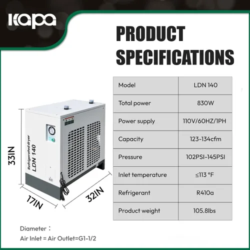 Vista 2 de KAPA Secador de aire comprimido, 123CFM-134CFM Secador de aire refrigerado, sistema de secado de aire refrigerado industrial de 110 V