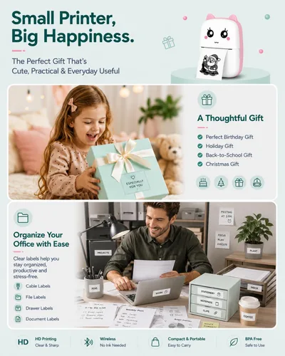 Vista 6 de Mini impresora de calcomanías con 11 rollos de papel, impresora térmica portátil sin tinta Bluetooth con aplicación AI para iPhone y Android