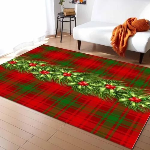 Vista 2 de Savannan Alfombras de área, flores de pascua de Navidad, ramas de pino a cuadros rojos, verdes, tartán, rectangular, alfombra decorativa