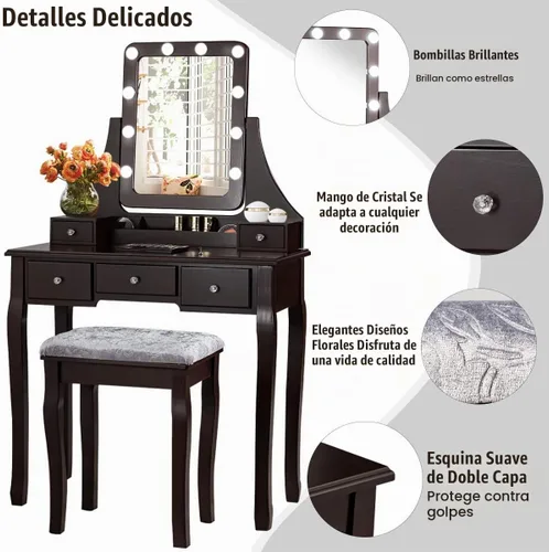 Vista 8 de DORTALA Juego de mesa de tocador con espejo rectangular de 360 grados y taburete acolchado, mesa de maquillaje con 10 bombillas LED regulables