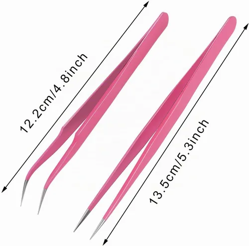 Vista 5 de Hotop 2 Piezas Pinzas de punta recta y curva para extensiones de pestañas, Herramientas de aplicación de pestañas postizas de acero inoxidable rosa.