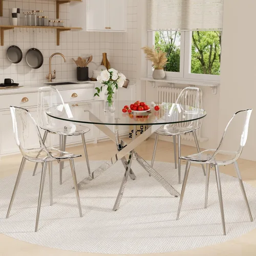 Vista 7 de Juego de mesa de comedor de cristal redondo transparente para 4, juego de mesa de cocina circular de 5 piezas, juego de mesa de comedor circular