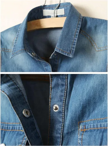 Vista 3 de happlan Camisa corta corta de mezclilla con solapa y manga 34 para mujer