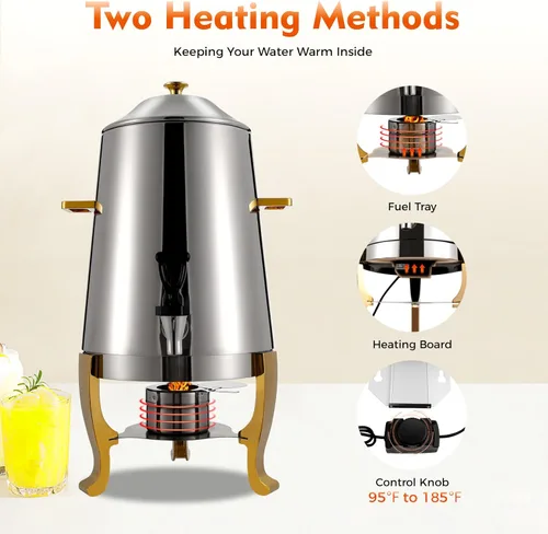 Vista 4 de Dispensador de bebidas calientes, urna eléctrica de café de 13 L, dispensador de bebidas frías y calientes de acero inoxidable con tabla