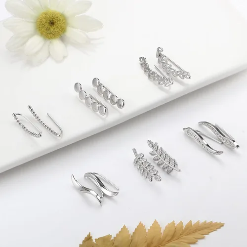Vista 5 de FIBO STEEL 6 pares de aretes de oruga para mujer, aretes de pluma de hoja lineal de onda lineal