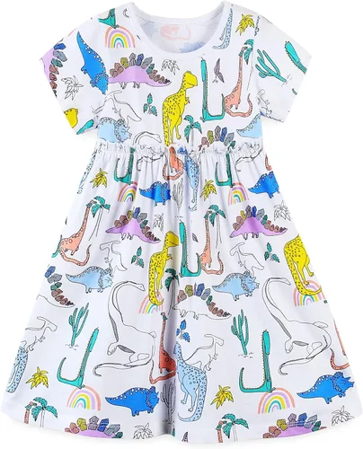 Vista 17 de Bumeex - Vestidos de verano para niñas pequeñas, de algodón, estampado de caricatura, manga corta, vestidos casuales para niñas, vestidos de sol
