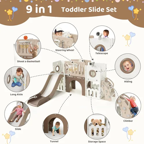 Vista 3 de Arlopu Juego de Tobogán 9 en 1 para Niños Pequeños, Set de Juego de Escalador y Tobogán Grande para Niños con Pendiente Larga, Telescopio, Espacio