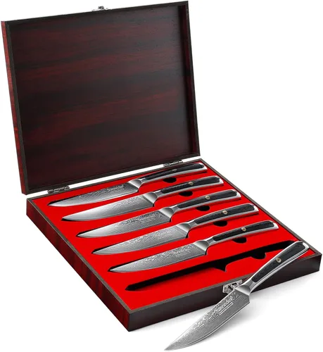 Vista 10 de Sunnecko Cuchillo para Carne de Cocina de 5 Pulgadas, Cuchillo para Carne de Damasco VG-10, Acero Japonés, Cuchillos de Carne No Dentados de Espiga